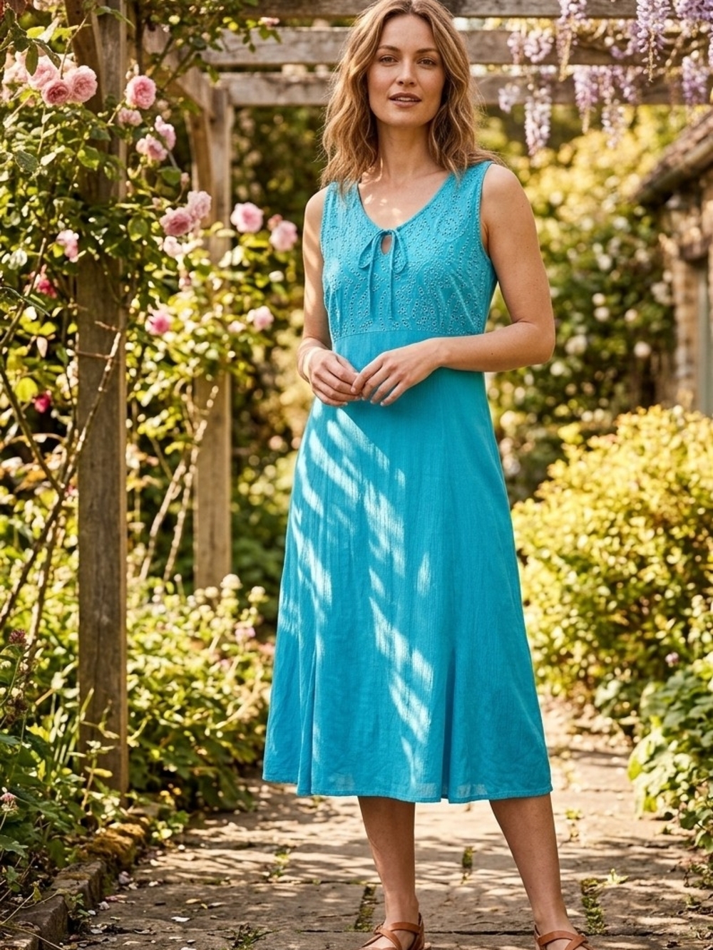 Johnny Was Turquoise Blue Sleeveless Midi Dress Cotton Eyelet Bodice Size 8